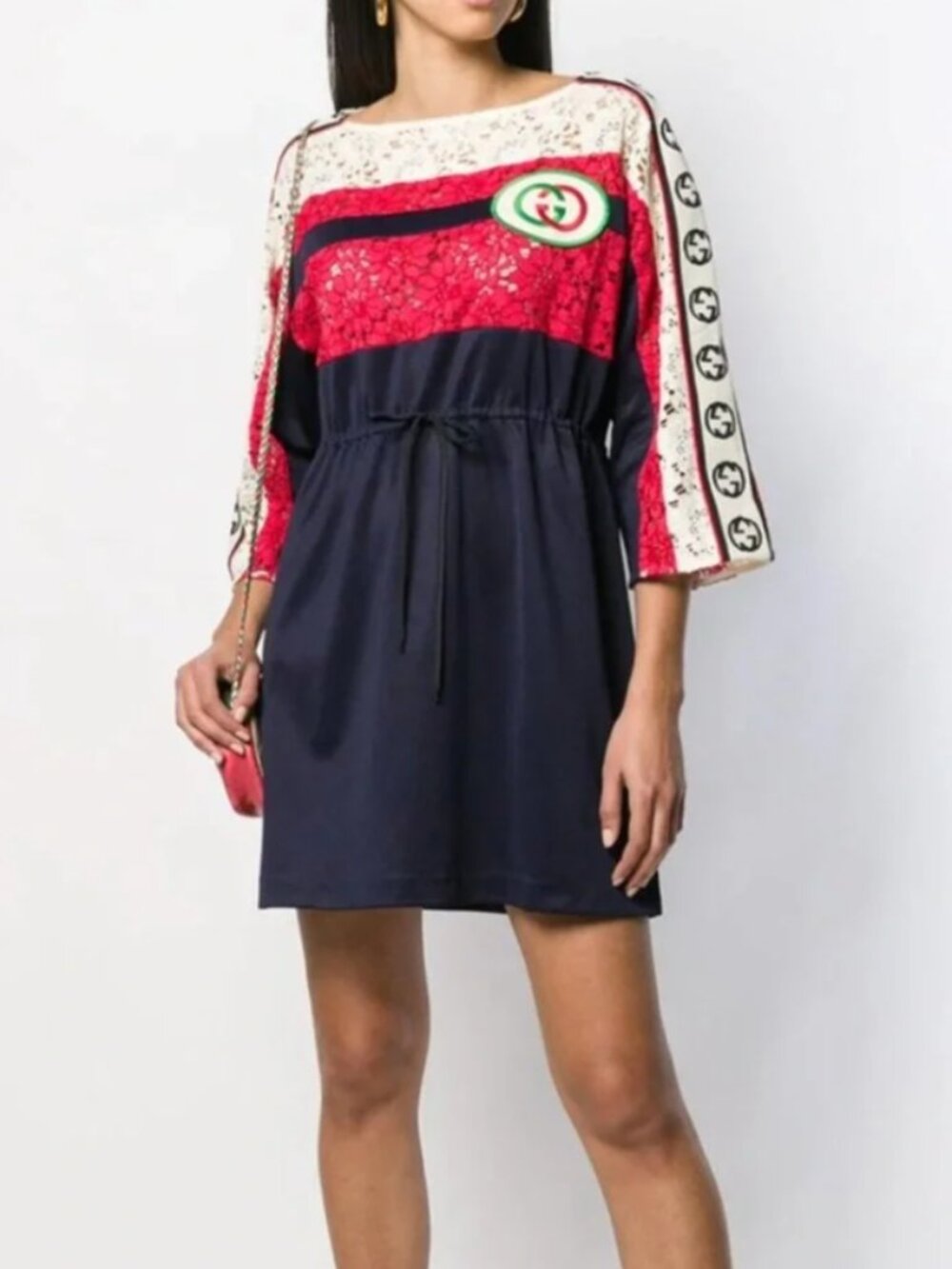 $2495 Gucci Floral Lace Logo Patch Athleisure Mini Blue Dress Size Medium EUC